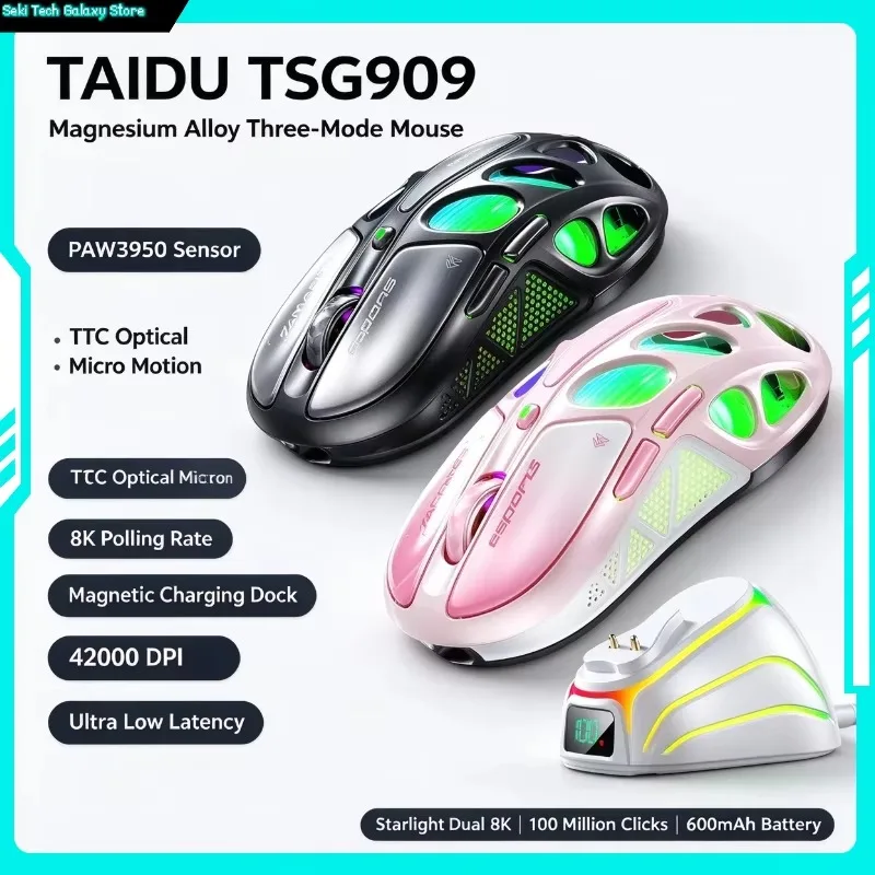 TAIDU Mouse TSG909 Alloy Gaming PAW3950 TTC Optical Micro Motion 8K Magnetic Dock Ultra Low Latency Wireless Esports Mouse