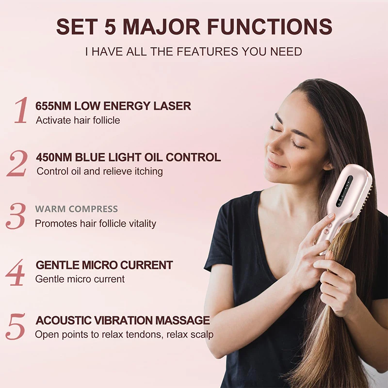 Massage Comb Hair Growth Comb Red Blue Light Scalp Care Ultrasonic Vibration Technology Strong Weak 3 Gear EMS/RF/Vibration Mode