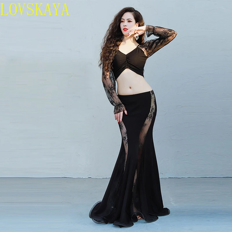 New belly dance practice suit, lace splicing, elegant temperament, fishtail skirt practice performance suit, dance platform suit