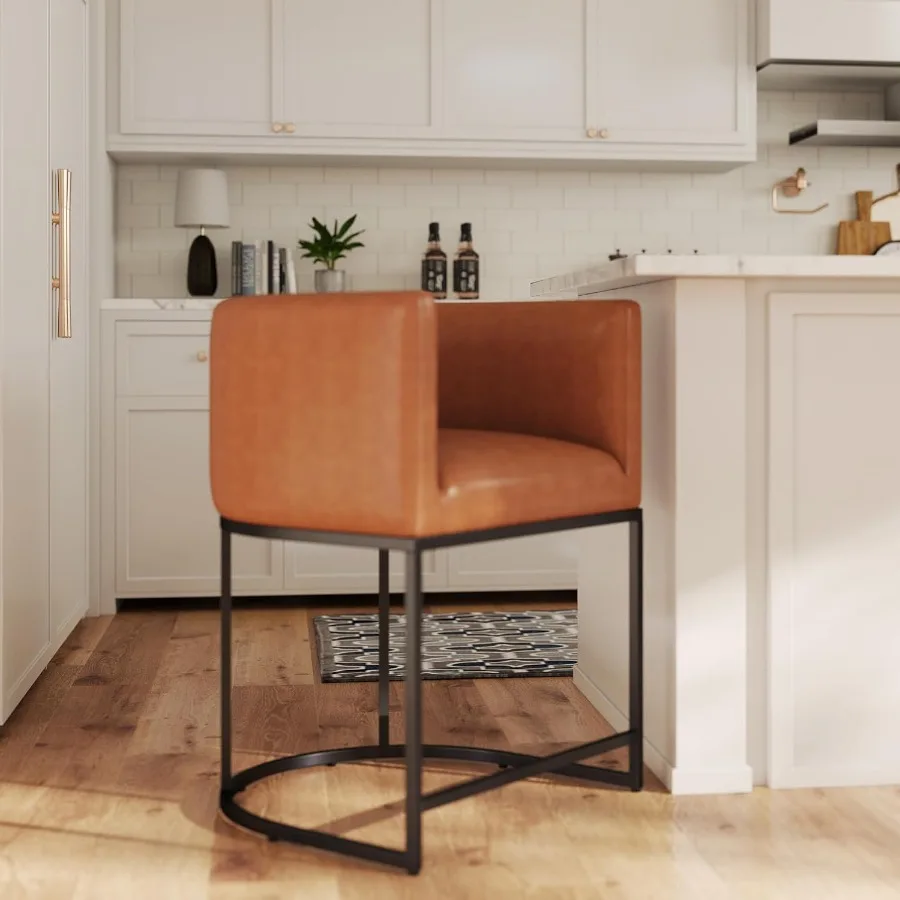 Modern Barrel Counter Height Bar Stool 24 Inch Kitchen Bar Stool with Back PU Leather Barstool Bar Height for Island with Black