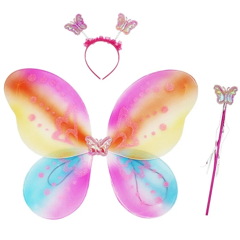 3Pcs/Set Women Girls Role-play Colorful Wings Fairy Wand and Hair Accessories Halloween Party Cosplay-Costume Props