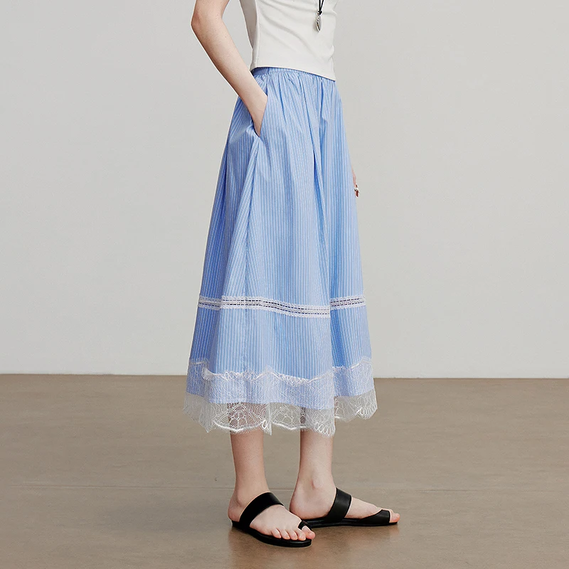 TOYOUTH Women Skirt 2025 Summer New Summer New Light Blue Striped Patchwork Lace A Line Minimalist Umbrella Skirt 8520094