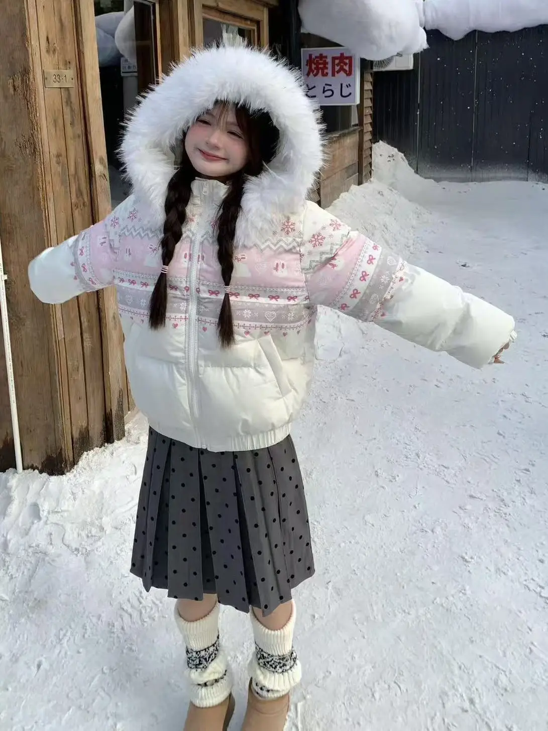 معاطف شتوية أمريكية عتيقة لعام 2025 بأكمام طويلة مع قلنسوة سترات نسائية بآذان القط سترات حلوة عتيقة بياقة من الفرو الصناعي بلون واحد