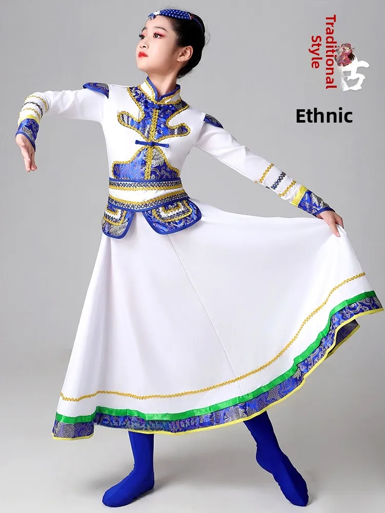 

Mongolian Ethnic Dance Performance Costume Children's Girls' Mongolian Traditional Clothing White assland Dr
