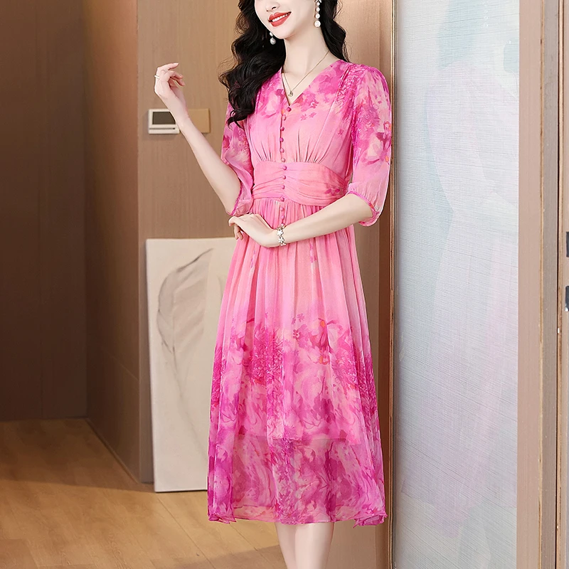 

Spring Summer Floral Silk Beach Midi Sundress Women Boho Fashion Casual Light Dress 2025 Korean Elegant Luxury Festival Vestidos