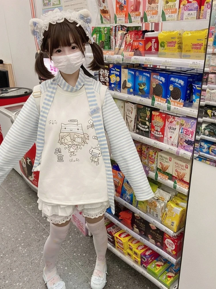 Harajuku Kawaii كم طويل تي شيرت المرأة عادية الكرتون طباعة مخطط الأعلى الحلو اليابانية لطيف ربيع الخريف 2025 وصول جديد #5