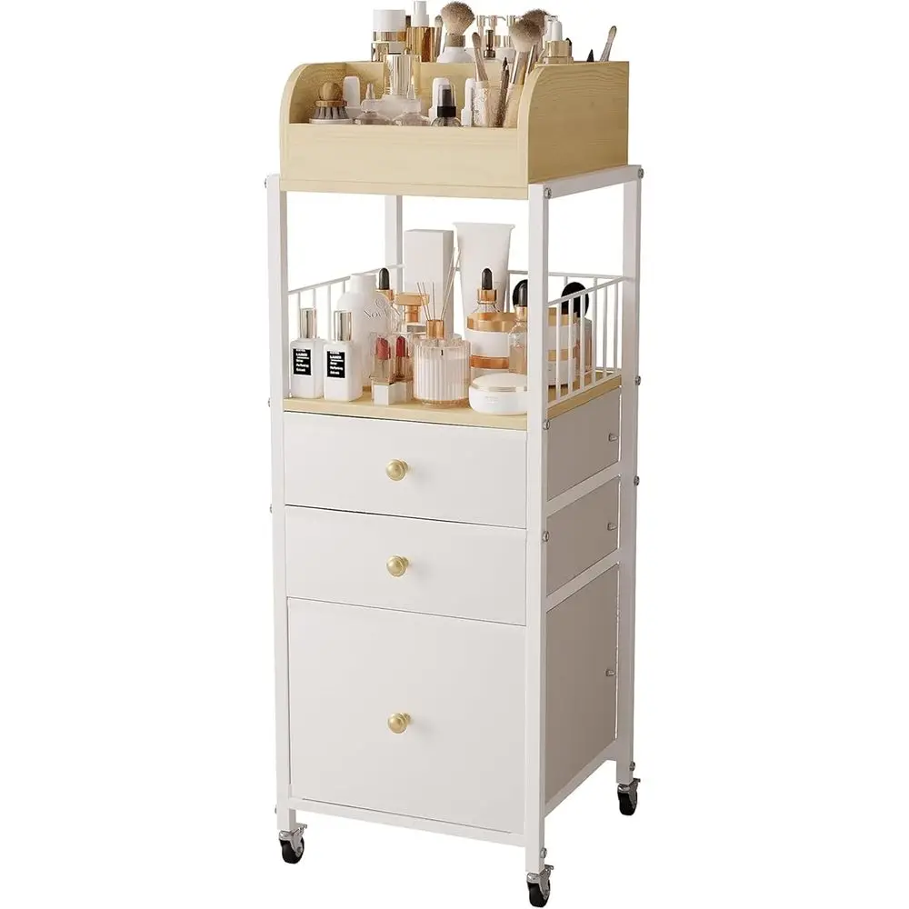 

White Makeup and Vanity Organizer Cart for Cosmetics, Skincare, Nail Polish, and Art Supplies