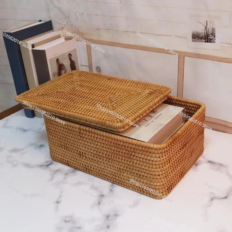 Primary Color Storaget Household Items Hand-woven Rattan Laundry Basket with Cover Large Clothes Sundries Books