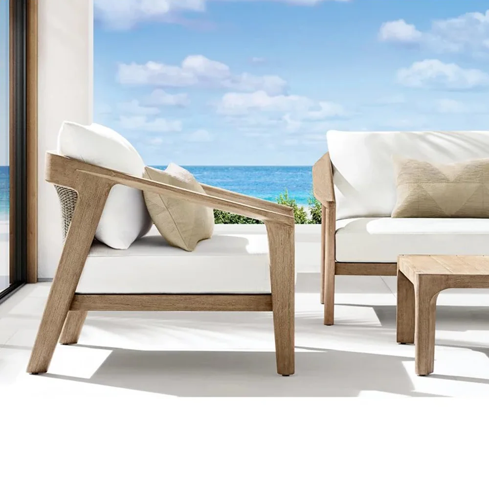 2025 جديد الترفيه الكلاسيكية خشب الساج حديقة واحدة أريكة الروطان المنسوجة طقم أريكة أثاث خارجي طاولة القهوة عادية الأثاث في الهواء الطلق