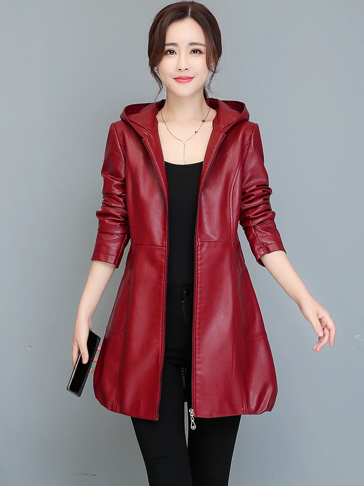 New Women Spring Autumn Leather Coat Casual Fashion Hooded Long Sleeve Slim Basics Sheepskin Outerwear Female Leather Jacket