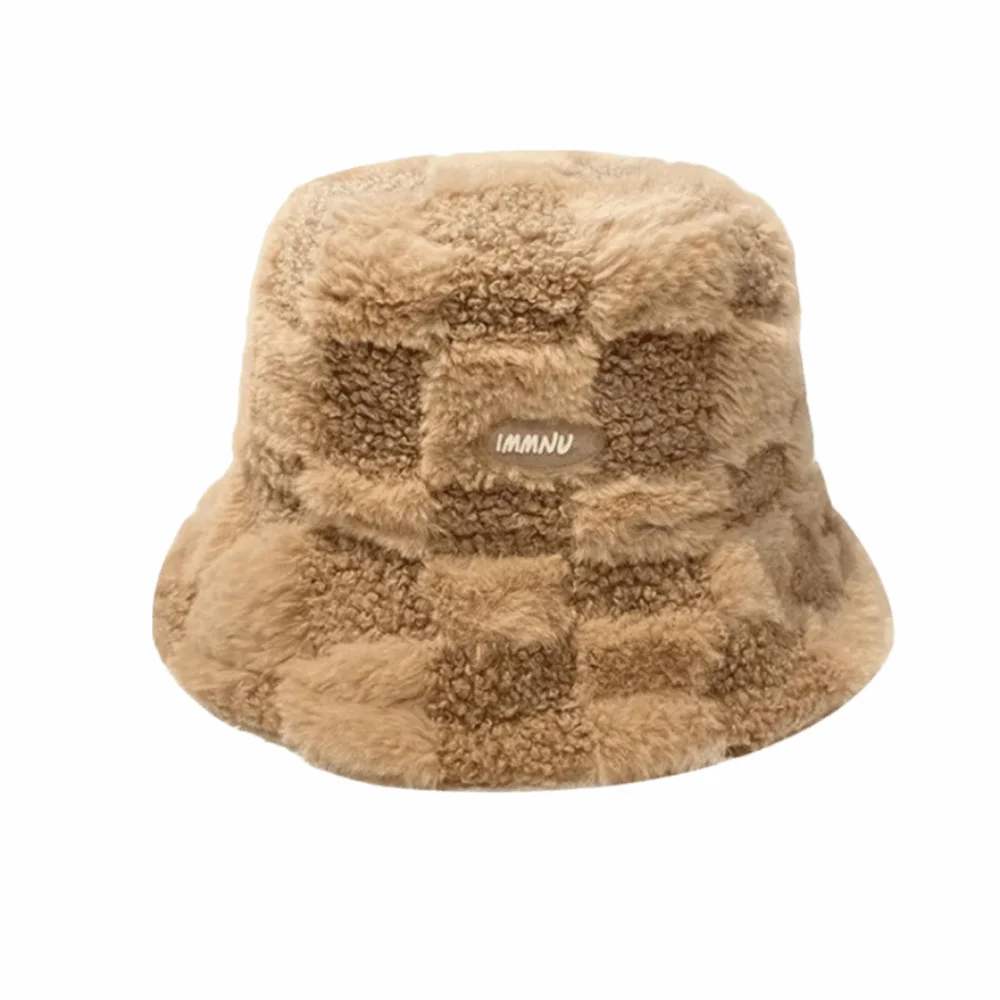 Plaid Checkered Women Bucket Hat Faux Fur Wind-Resistant Winter Fisherman Hat Adjustable Warm Lamb Wool Fisherman's Hat