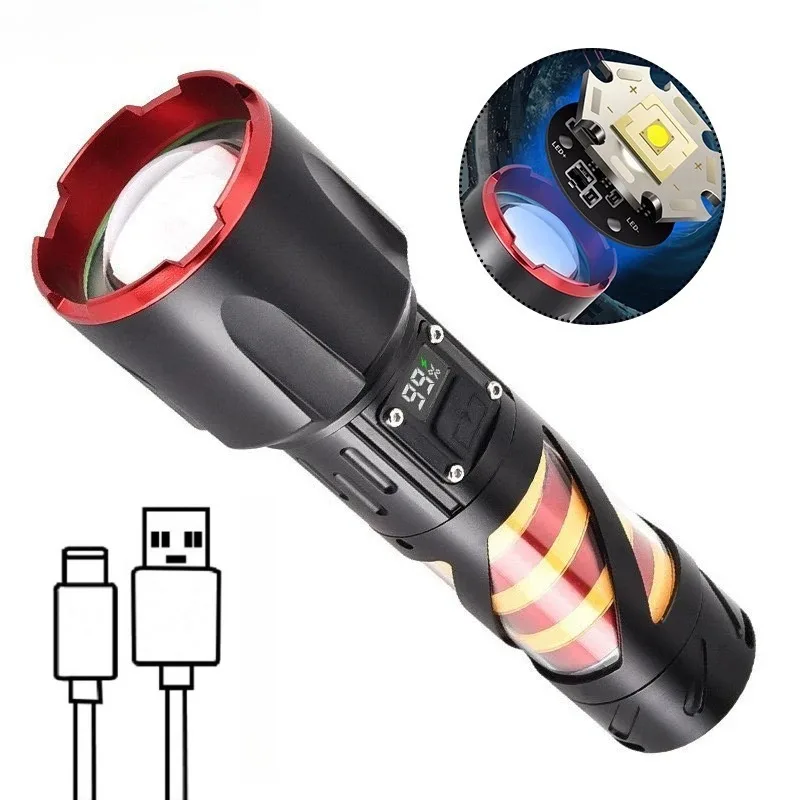Strong Light Flashlight Household Work Light Zoom Type-C Charging Digital Display Torch Outdoor Camping Lantern Emergency Lamp