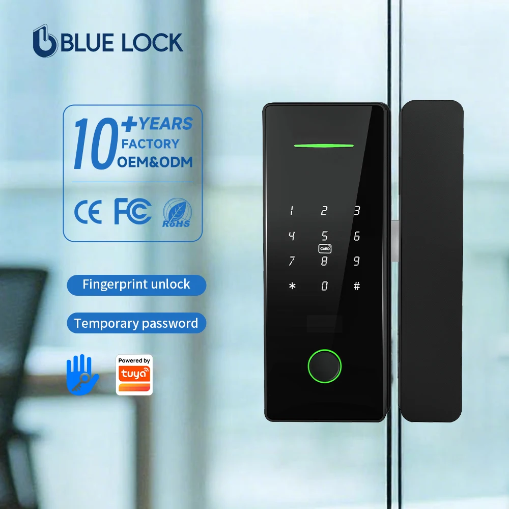Bluelock Glass Door Smart Lock TTLock BLE APP Controlled Keyless Entry Fingerprint Lock for Apartment Steel Door Grade C