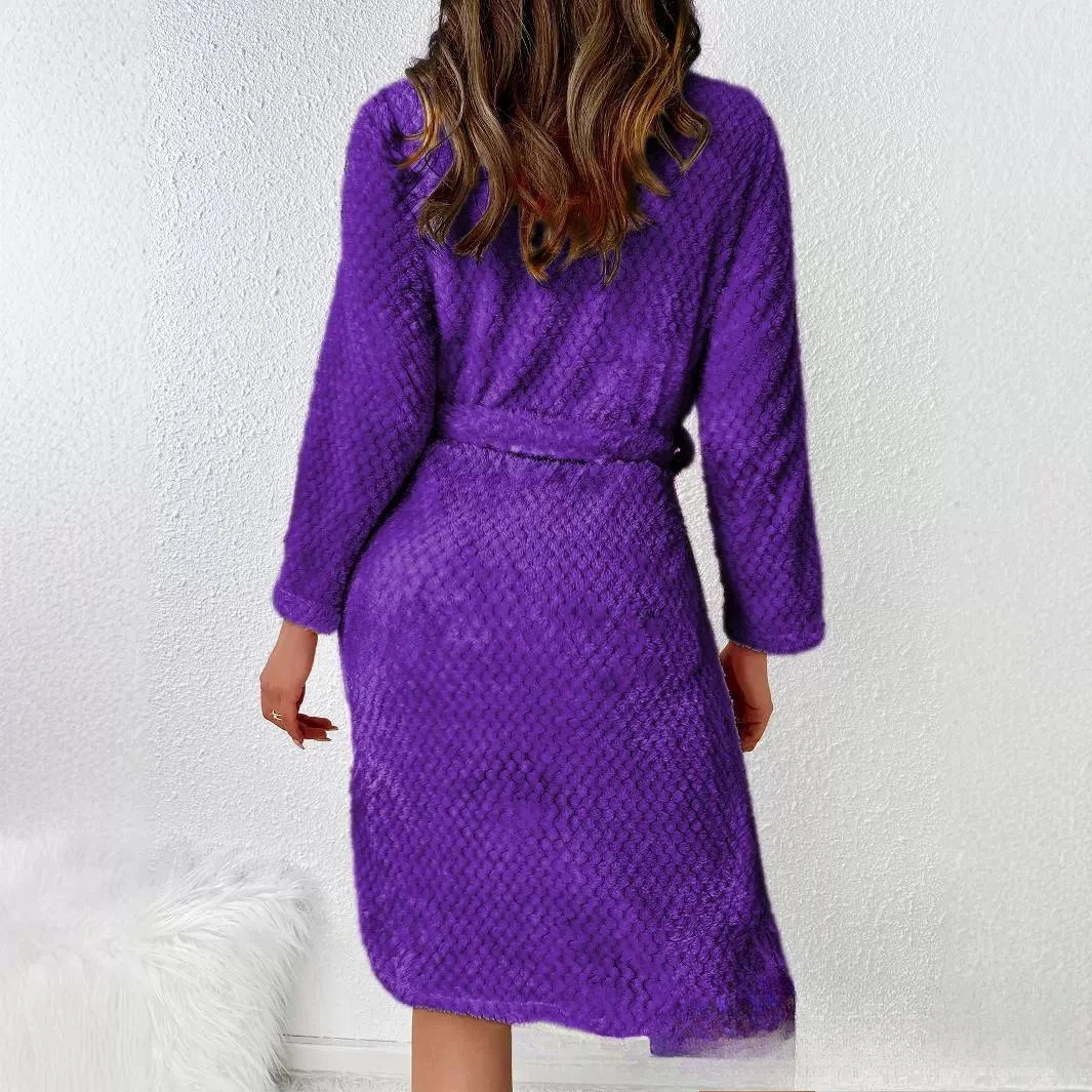 autumn Winter Coral Fleece long Bathrobe Women V-neck purple Warm Bath Robe Cozy Kimono Shower Robes casual Loose Rest Nightgown