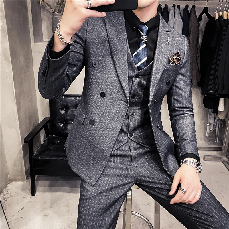 (Jacket+Vest+Pants) Men High Quality Double-Breasted Suits/Male Slim Fit Business Blazers/Man Cotton Groom\'s wedding Dress S-3XL