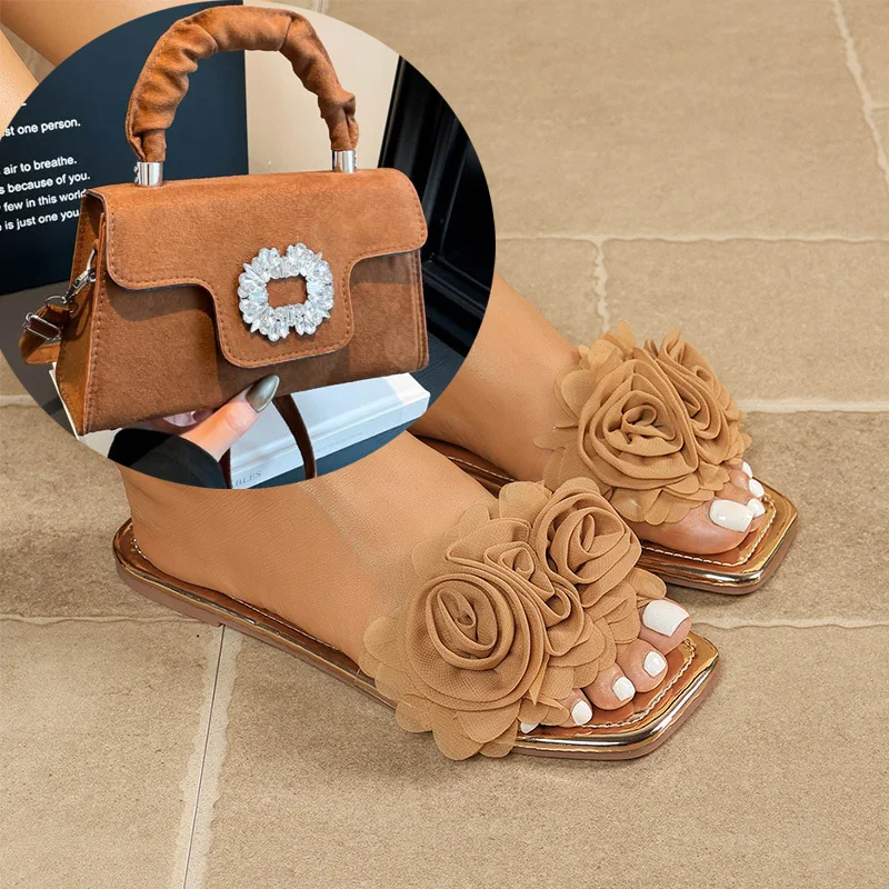 Women's Summer Double-layer Gauze Rose Three-dimensional Flower Slippers Flat Sandals with Fashion Diamond-encrusted Small Bags.