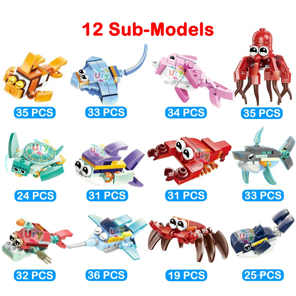 Moc 12in1 Ocean Marine Fish Animals Shark Octopus Hermit Crab Turtle Dolphin Model Set Building Blocks Diy Toys for Kids Gifts