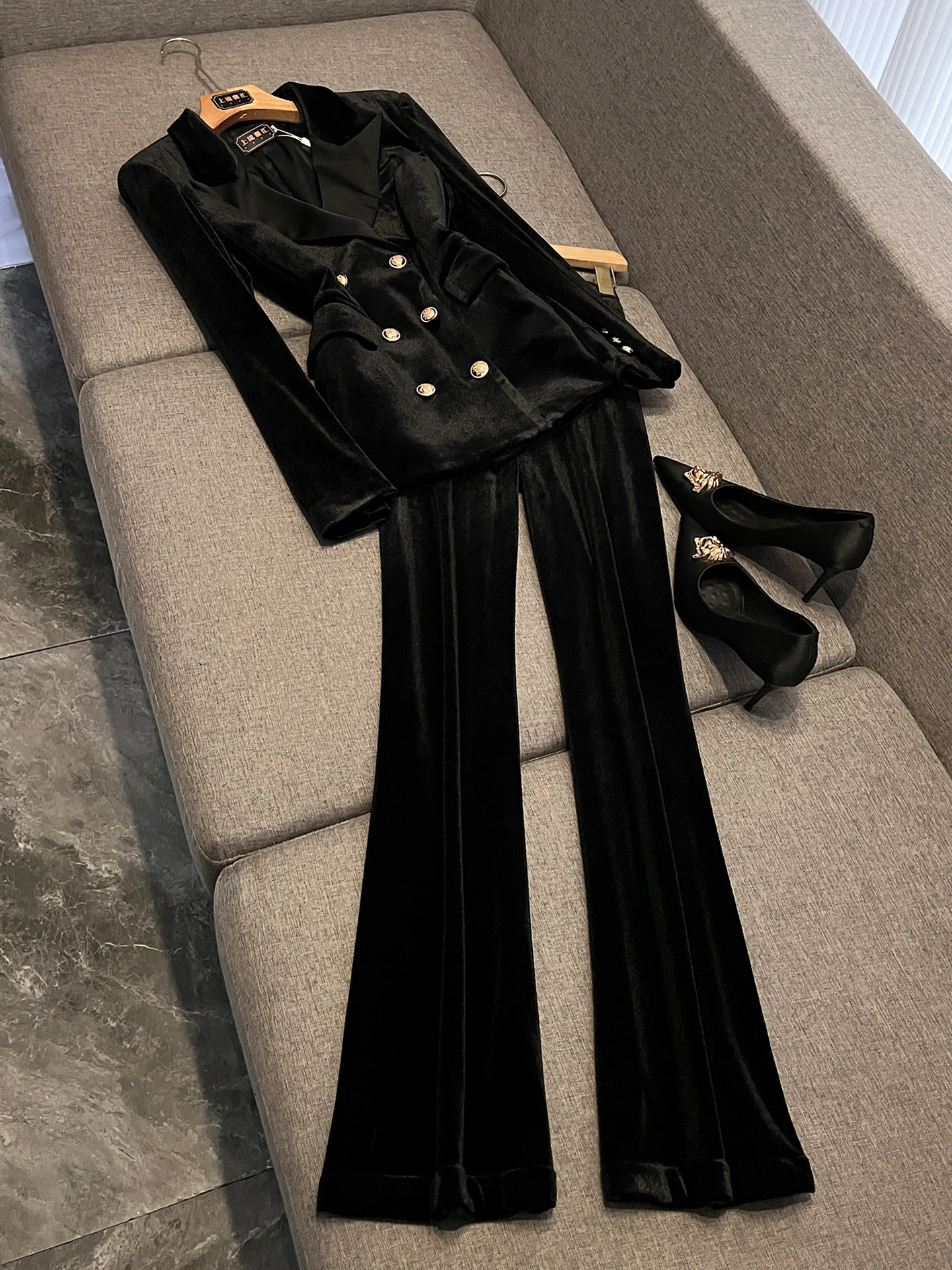 

Bla Velvet Double-Breasted Suit Set Office Profional Old Money Sle Clothing Spring 2026 Faion Ladies' Ensemble