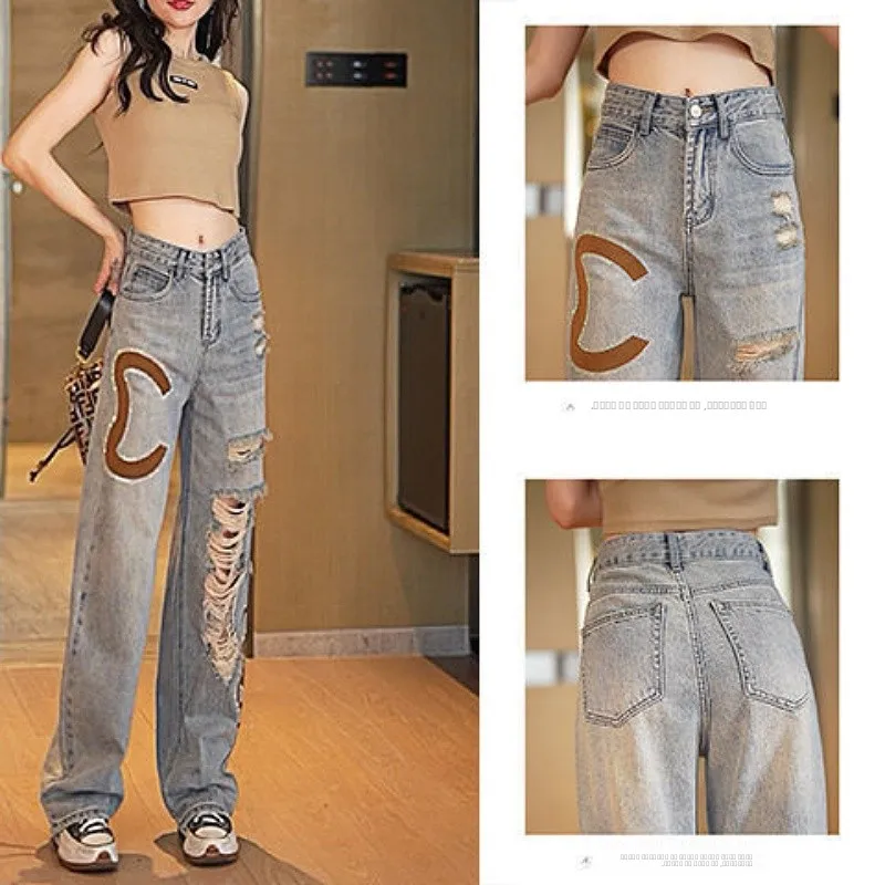 

Retro High Waist Wide Leg Loose Straight Floor-Length Jeans Women's Summer 2023 New Print Rhinestone Hole Denim Pants