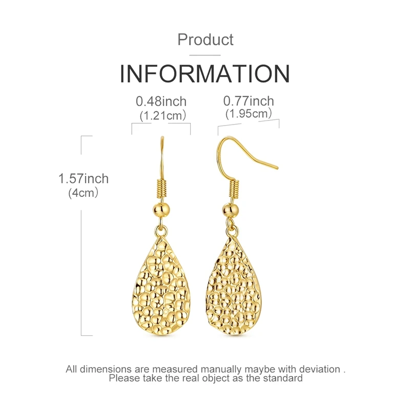 Original 925 Sterling Silver Golden Water Droplet Hammer Pattern Big Drop Pendant Earrings For Women Wedding Jewelry Gift