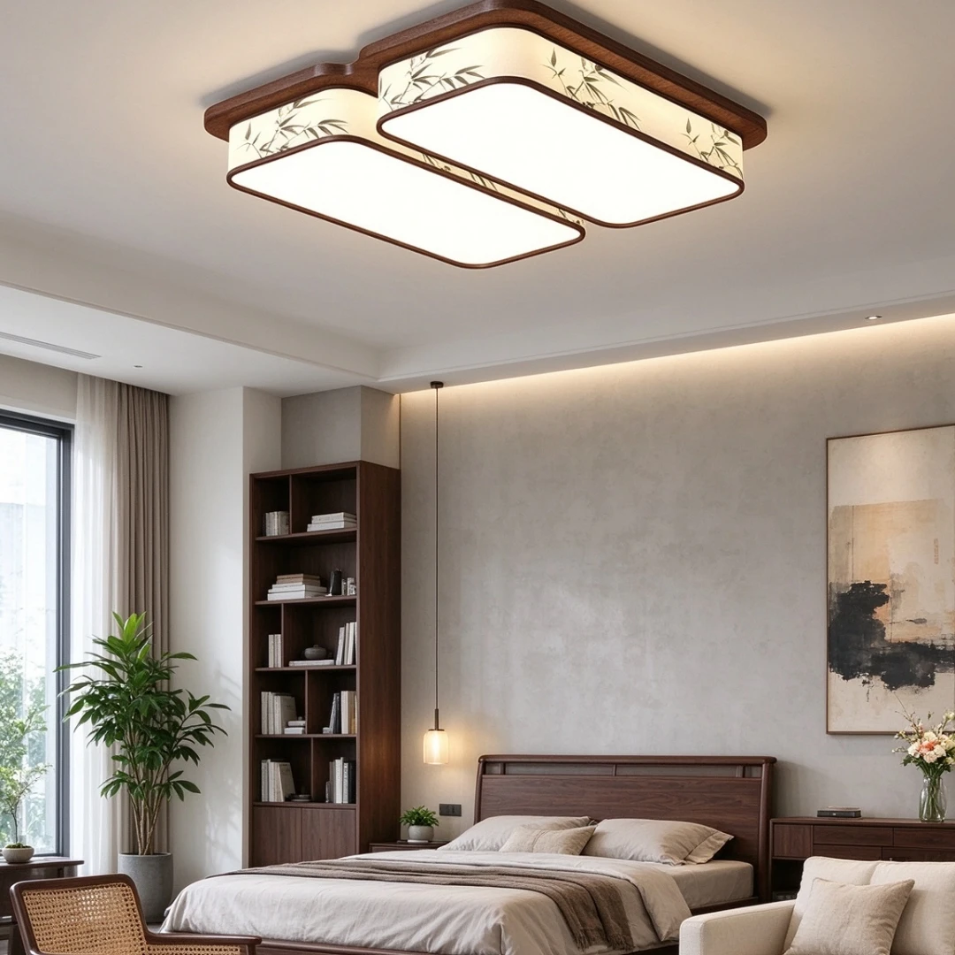 Oriental Zen Multi-section LED Ceiling Lamp Walnut Wood Frame Bamboo Pattern Shade Fixture for Tea Room Living Room Decor