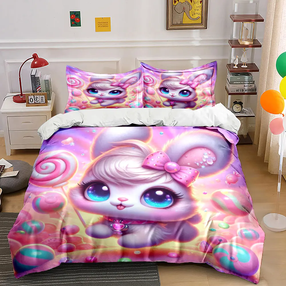 Sweet Dreamy candy bunny scene Printed Duvet Cover Set1 Duvet Cover+2 PillowcaseMulti Size Bedroom Bedding Decor Luxury gifts