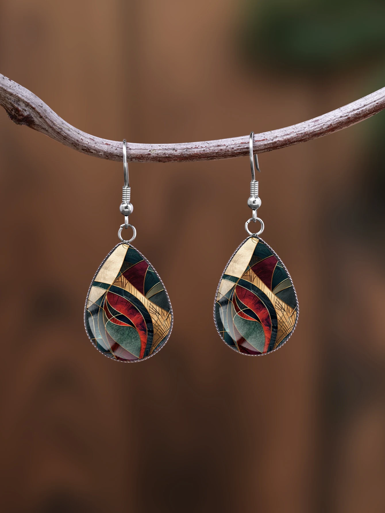 1 par de aretes con patrón de líneas geométricas con cristal convexo y ganchos para las orejas en forma de gota de agua de acero inoxidable 316, en un estilo retro y sencillo, adecuados para que las mujeres las usen como joyas para regalar a diario, y are