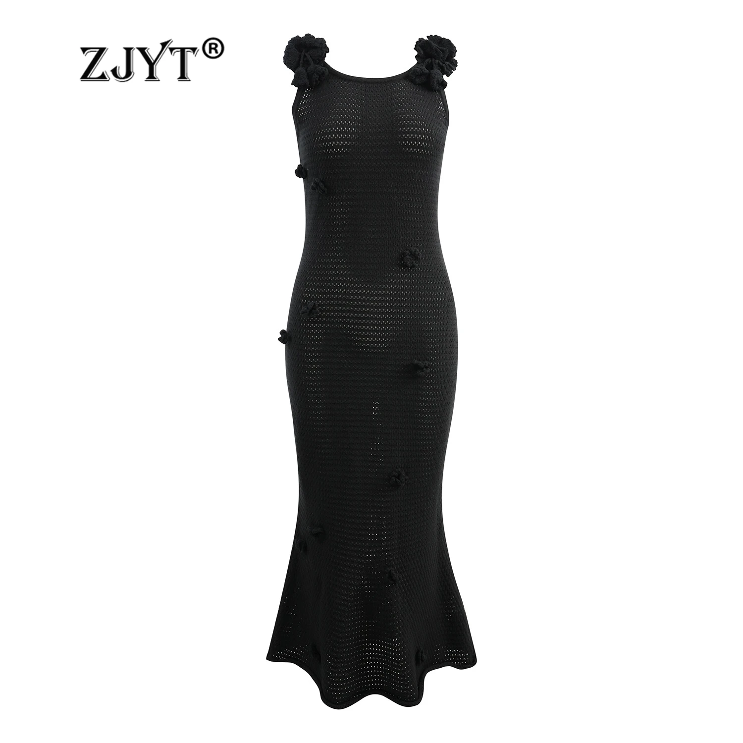 

ZJYT Elegant Midi Knitting Sweater Dresses for Women Summer 2024 Sleeveless 3D Floral Mermaid Dress Party Vestidos Femininos