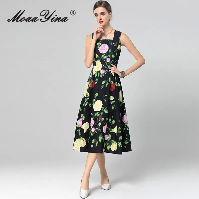 MoaaYina Fashion design Women\'s A-Line Dress Square-Neck Spaghetti Strap Backless High waist Casual Holiday Party Dresses