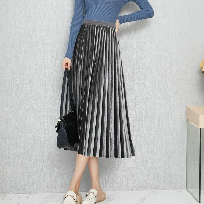 Gold Velvet Long Skirt for Women 2025 Autumn Winter Elegant Solid Pleated Skirts Streetwear High Waist Slimming A-Line Skirts