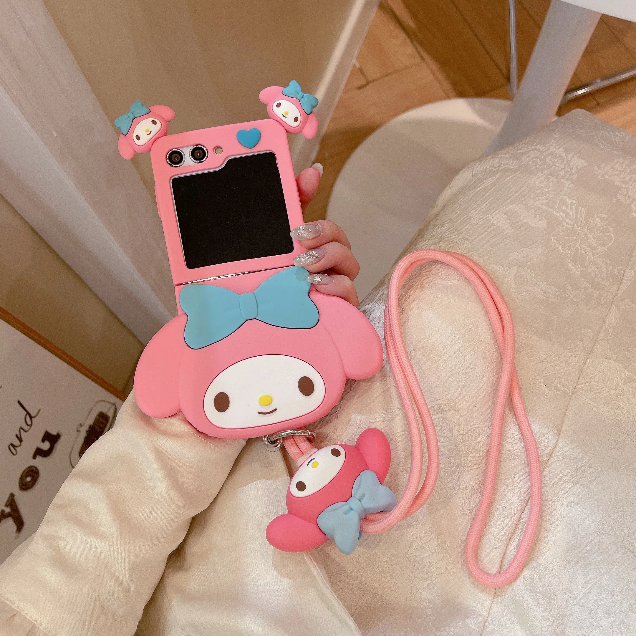 Cute Stereoscopic My Melody with Lanyard Phone Case for Samsung Galaxy Z Flip 3 4 5 5G PC Hard Silicone Anti-drop Back Cover