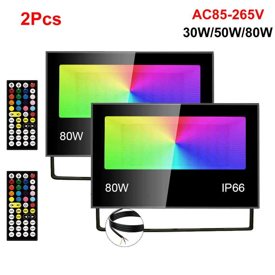 

2pcs RGB LED Floodlight AC85-265V 30W/50W/80W Waterproof IP66 Outdoor Reflector Spotlight with 16 Colors IR Remote Control