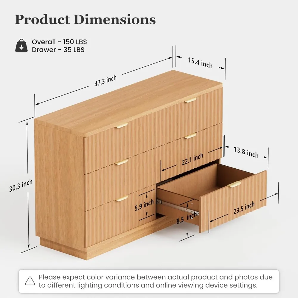 Cômoda moderna para quarto com 6 gavetas, baú largo 47,3 com perfil curvo, móveis de madeira para armazenamento de sala de estar
