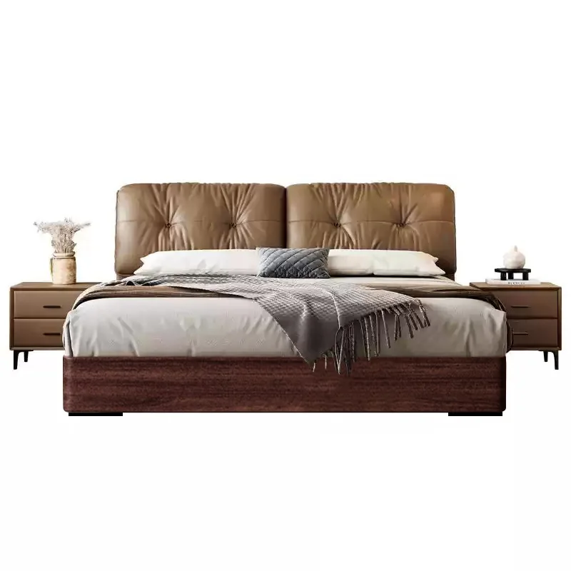 

Medieval style, oak solid wood, master bedroom double bed, first layer cowhide soft bag bed