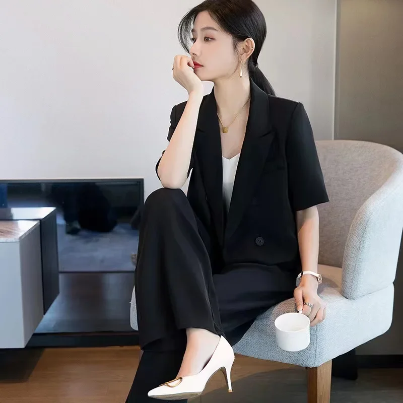 DAYIFUN Women Solid Color Sets Lapel Short Sleeve Streetwear Double Breasted Blazer and Trousers Fashion Casual Ladies Suits