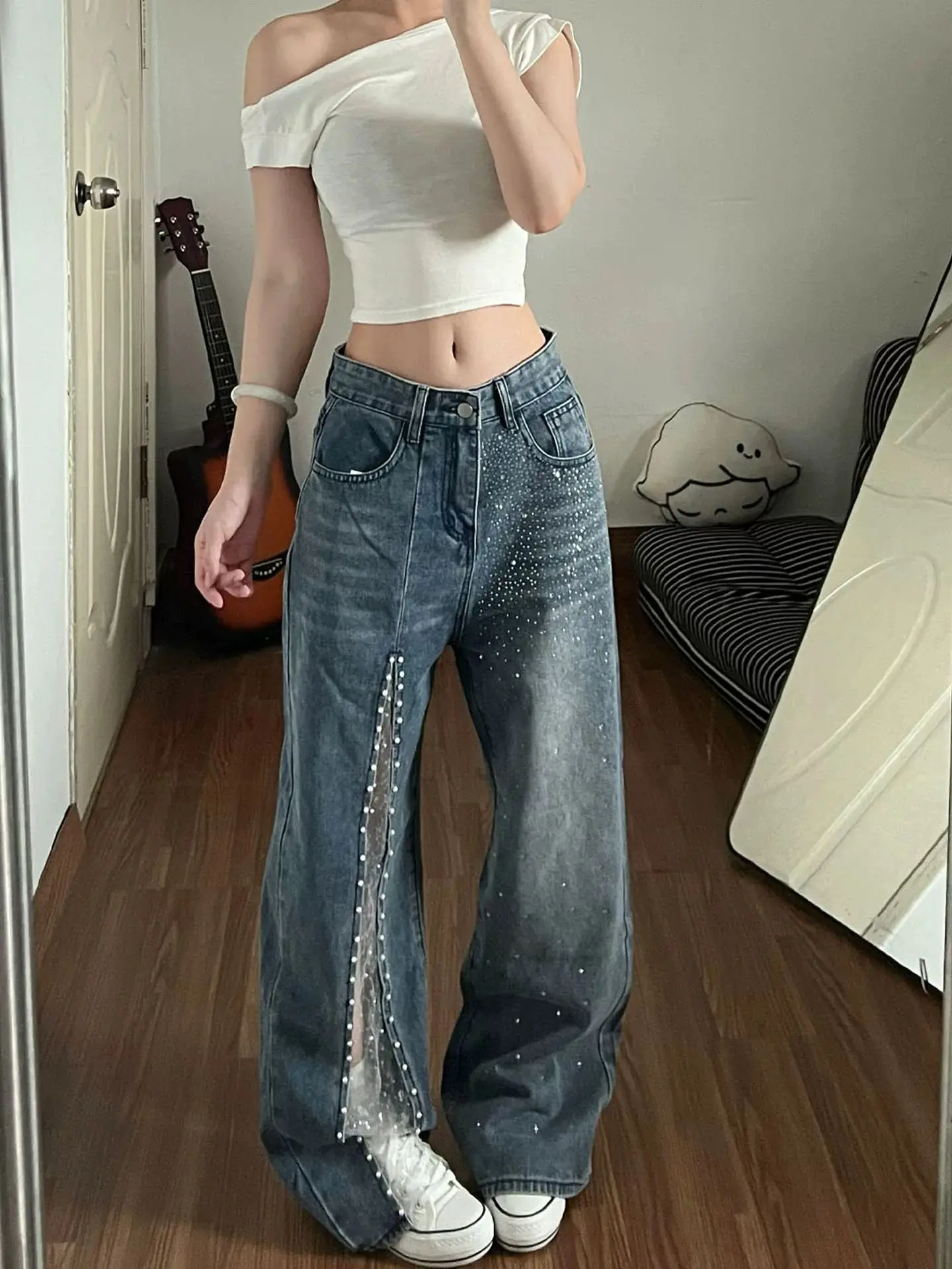 Y2K Lace Patchwork Jeans Hot Stamping Diamond Wide Leg Hollow Out Straight Leg High Street Trend Summer for Women