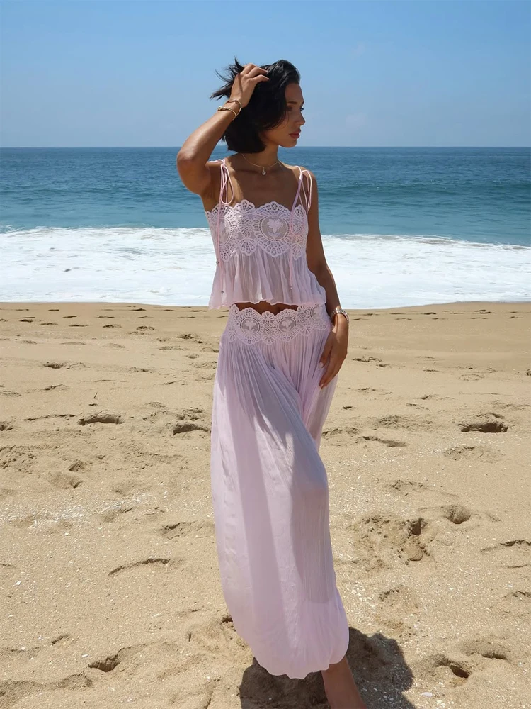Women Floral Lace Sheer Layers Skirt Set Suspenders Ruffle Top High Waist Maxi Skirts 2026 Summer Beach Vacation Female Outfits  view 4