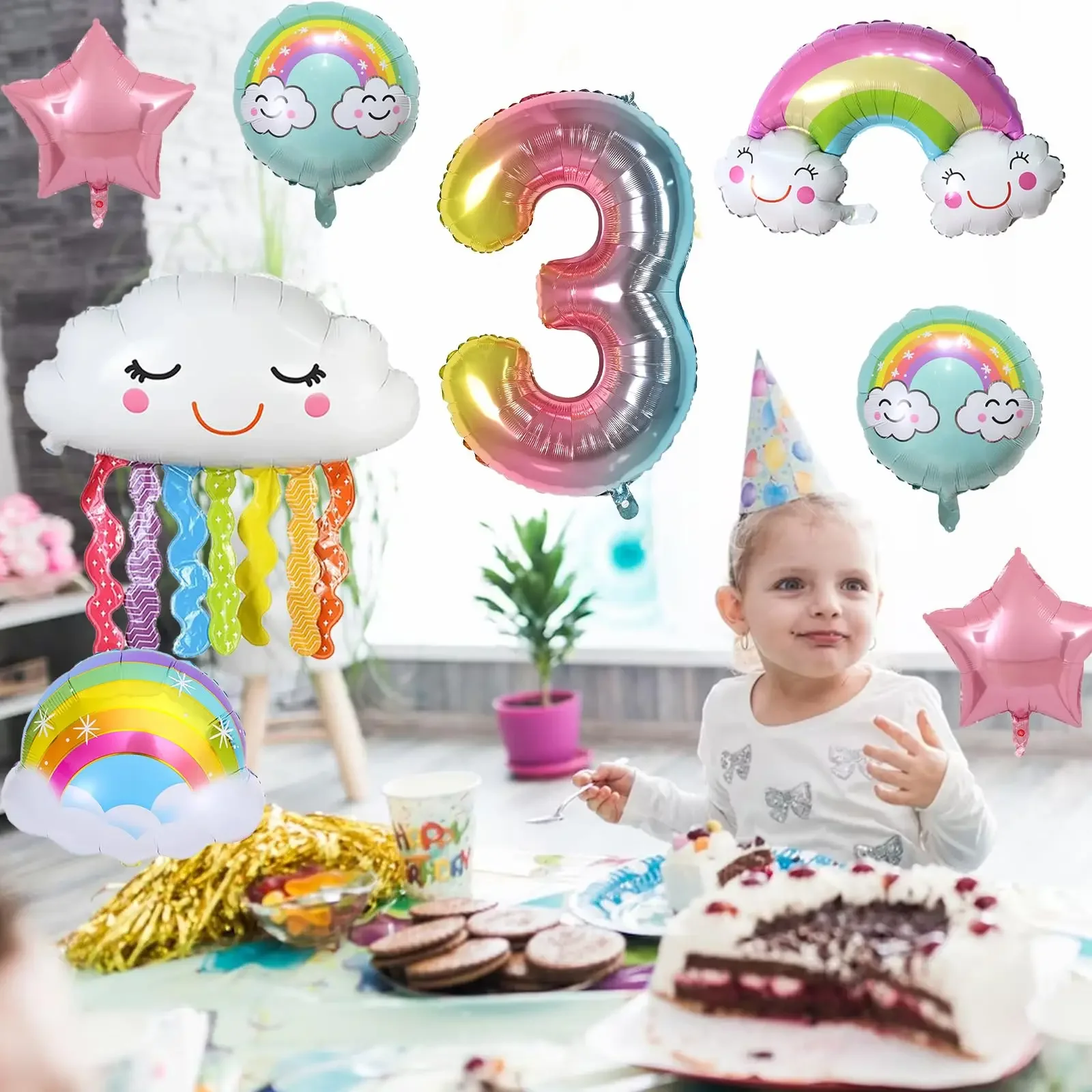 8szt Rainbow Smile Cloud Balloon 32-calowe balony foliowe z gradientowymi liczbami dla dzieci w wieku 1-9 lat Dekoracje urodzinowe dla dzieci Rocznica dziecka — zdjęcie 6