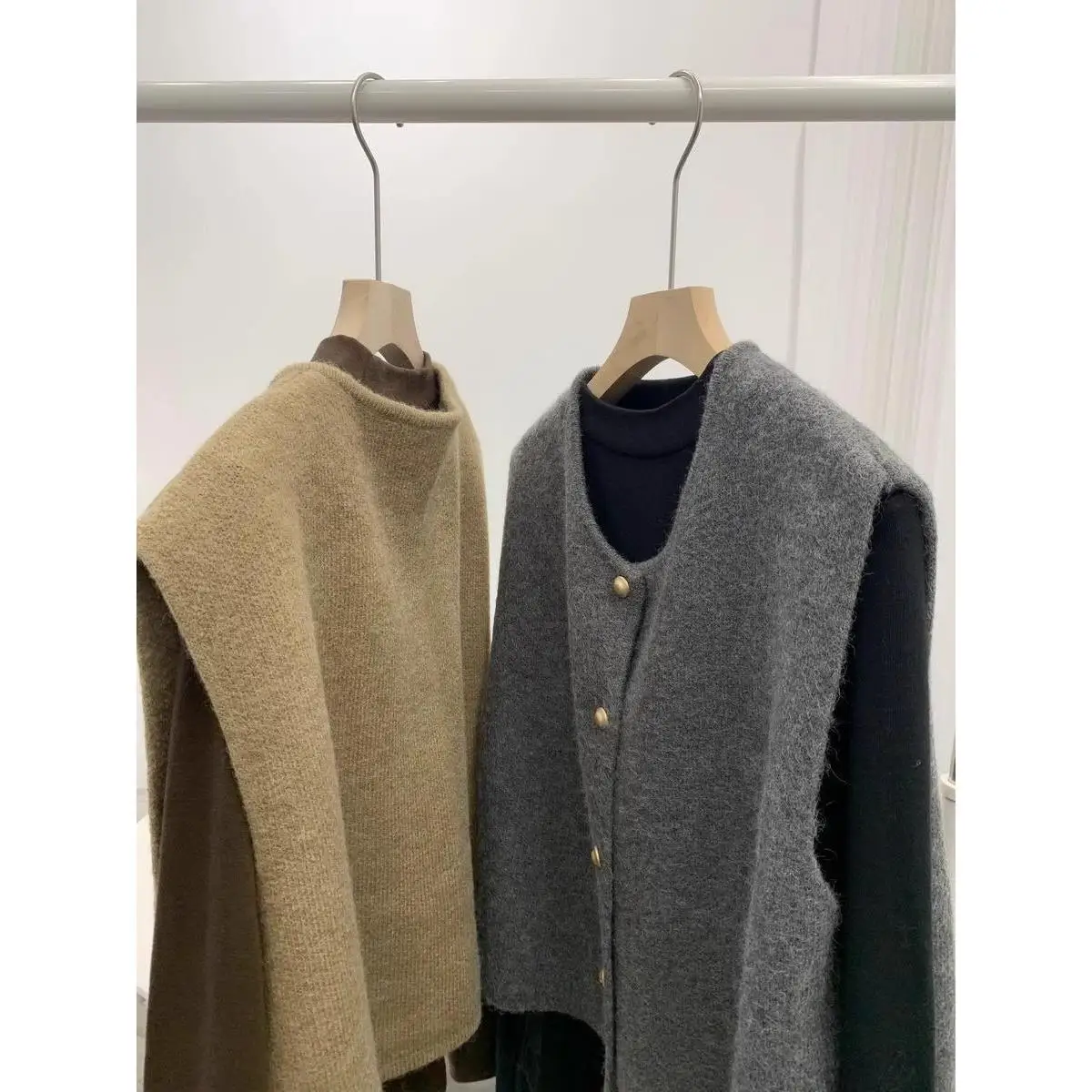 سترة نسائية محبوكة مستديرة سترة طبقات فضفاضة تناسب الخريف والشتاء Faion تخفيف Sle لون نقي طويل Sve #5