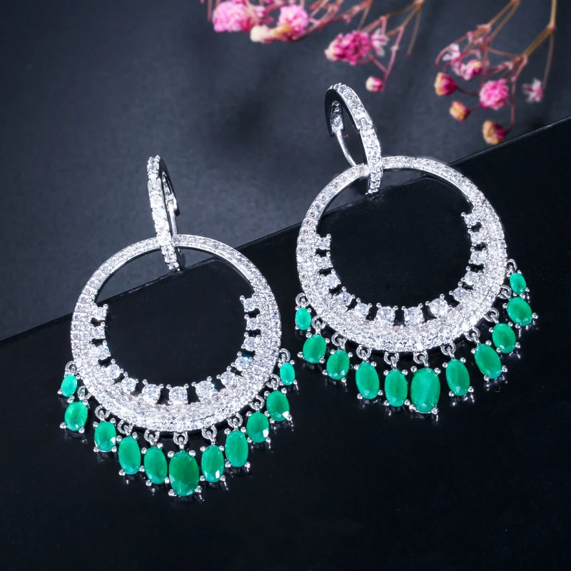 CWWZircons New Trendy Green White CZ Cubic Zirconia Big Round Hoop Dangling Earrings for Women Party Jewellery Accessories E0145