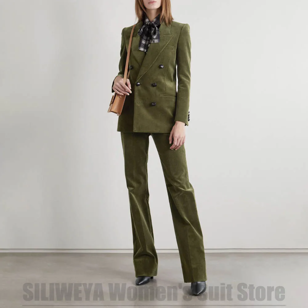 Chic Corduroy Women's Suit Elegant Double Breasted Blazer and Pants Set Peak Lapel Long Sleeves Stylish Two Piece Suits