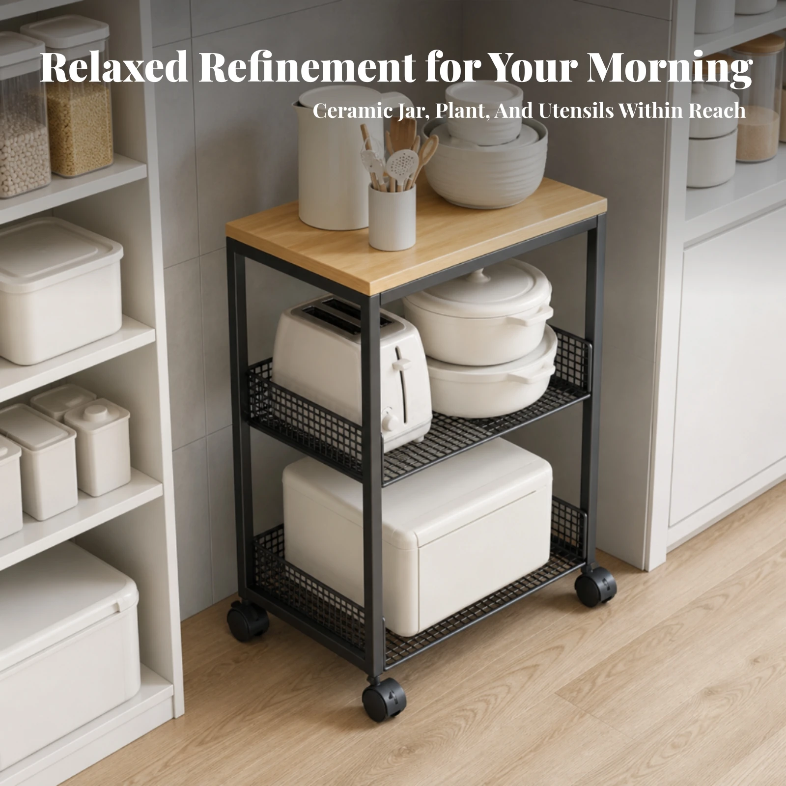 Rolling Kitchen Storage Rack Compact Kitchen Storage Cart Mobile Shelving Unit Low Height for Apartment Dwellers, Small Areas