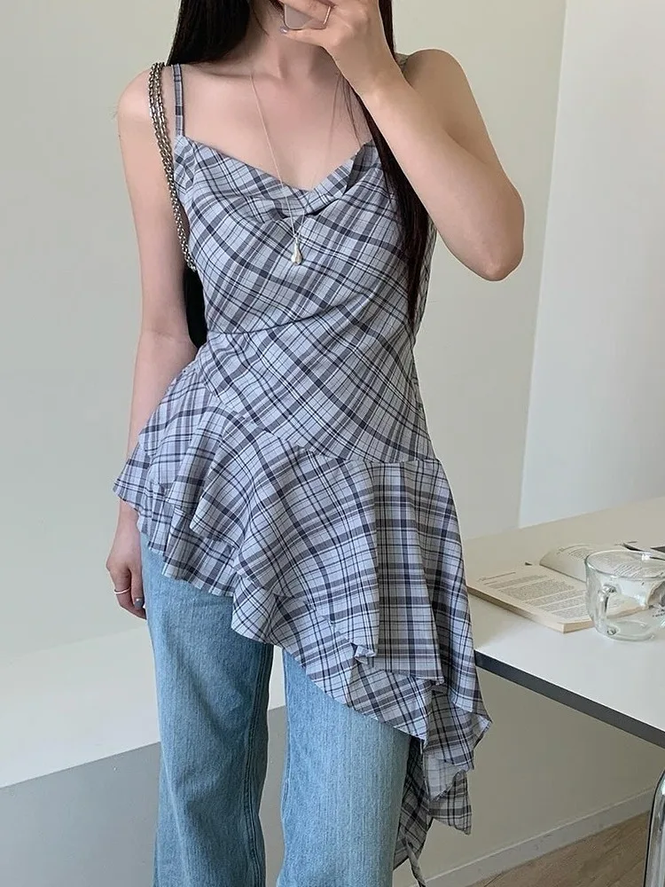 

Летний женский топ-жилет с запахом, на бретельках, в клетку, с асимметричным подолом, для повседневной носки, стандартной длины