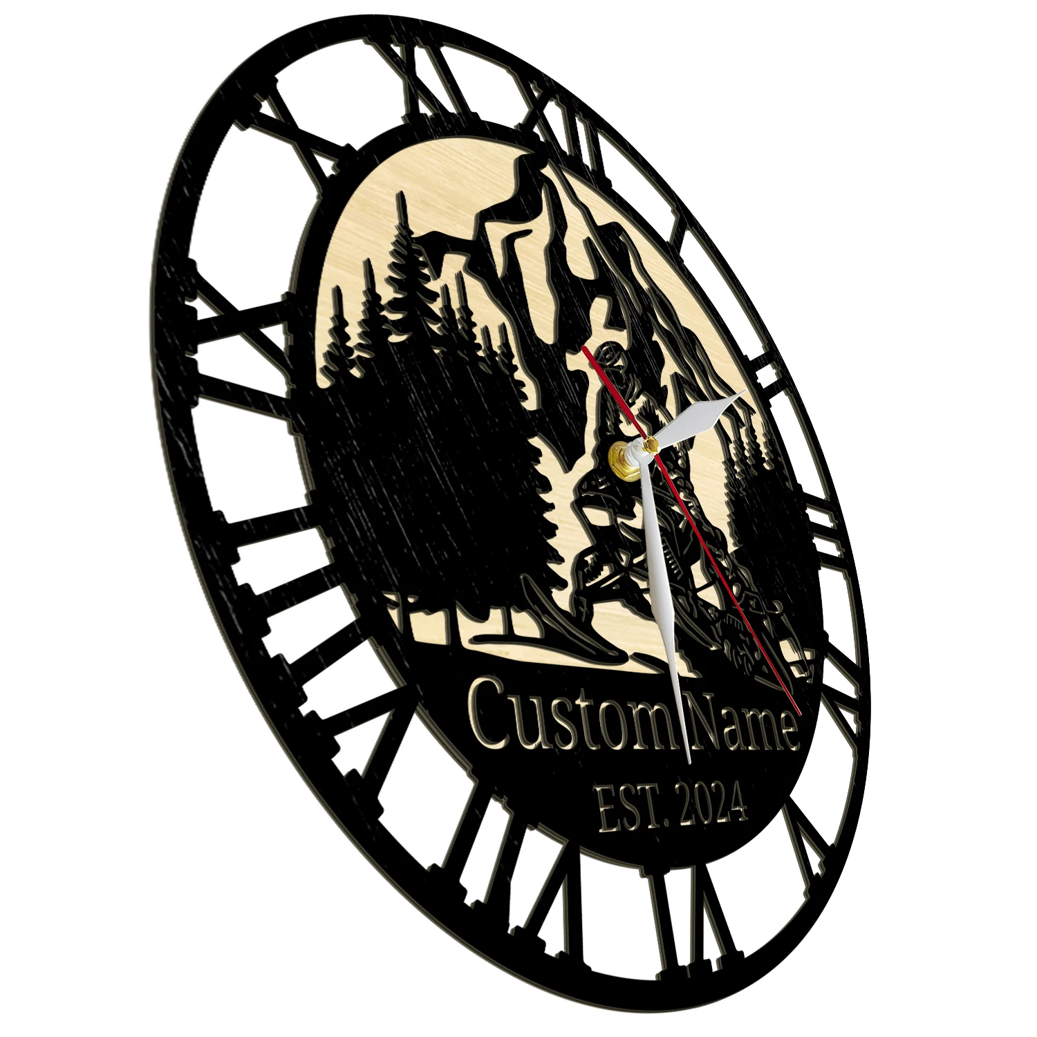 Laser Engraved Snowmobiler Wooden Wall Clock with Personalized Name Snowmachine Drivers Custom Snowmobiling Timber Wood Clock