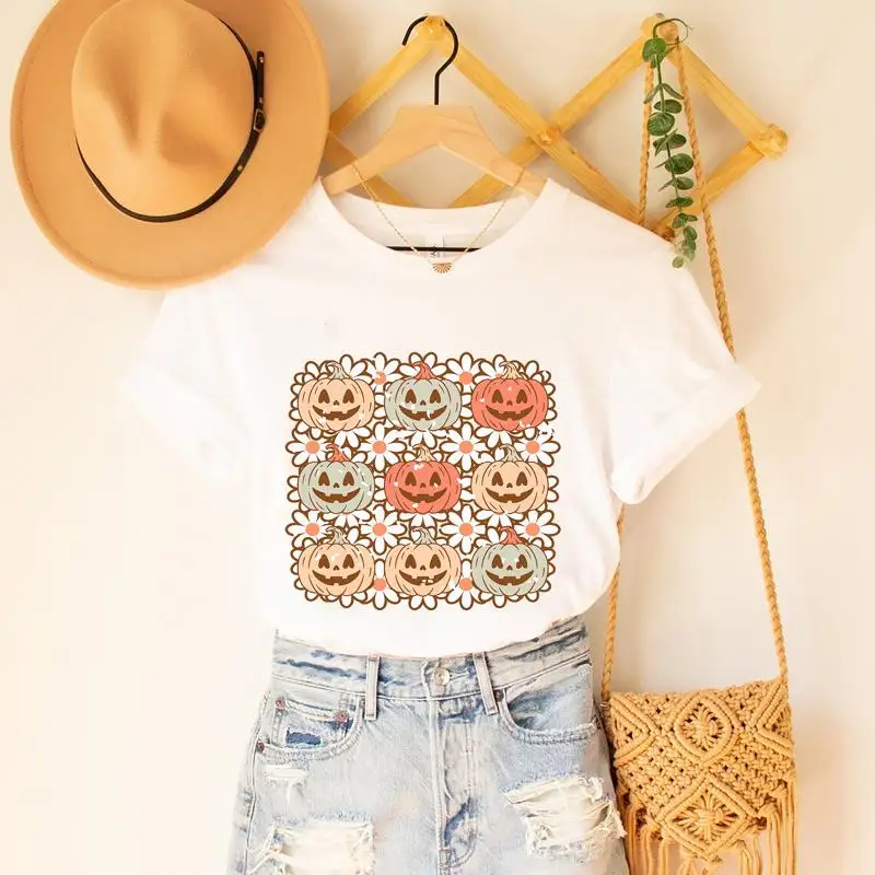 

Pumpkins And Flowers Halloween T Shirt Happy Face Pumpkin Vintage Fall Groovy Smile