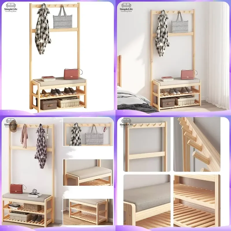 Natural Wooden Coat Rack with Shoe Shelf Eco Friendly Hat Hanger Stand Living Room Entryway Hall Tree Furniture Storage