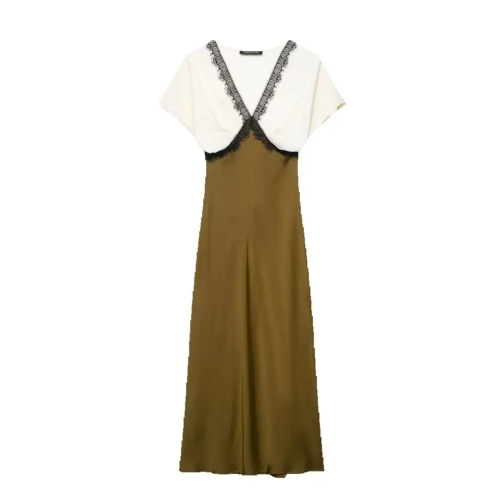 الخريف الملابس النسائية الجديدة أنيقة نمط المتناقضة الدانتيل الساتان الملمس قصيرة الأكمام الخامس الرقبة فستان ميدي #1