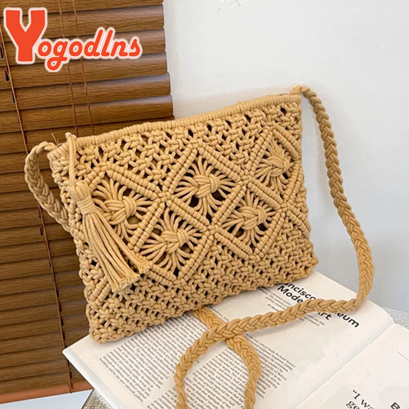 Summer Hollow Straw Bag For Women Tassel Decors Shoulder Messenger Bag Travel Beach Bag Daily Cotton Rope Crossbody Bag