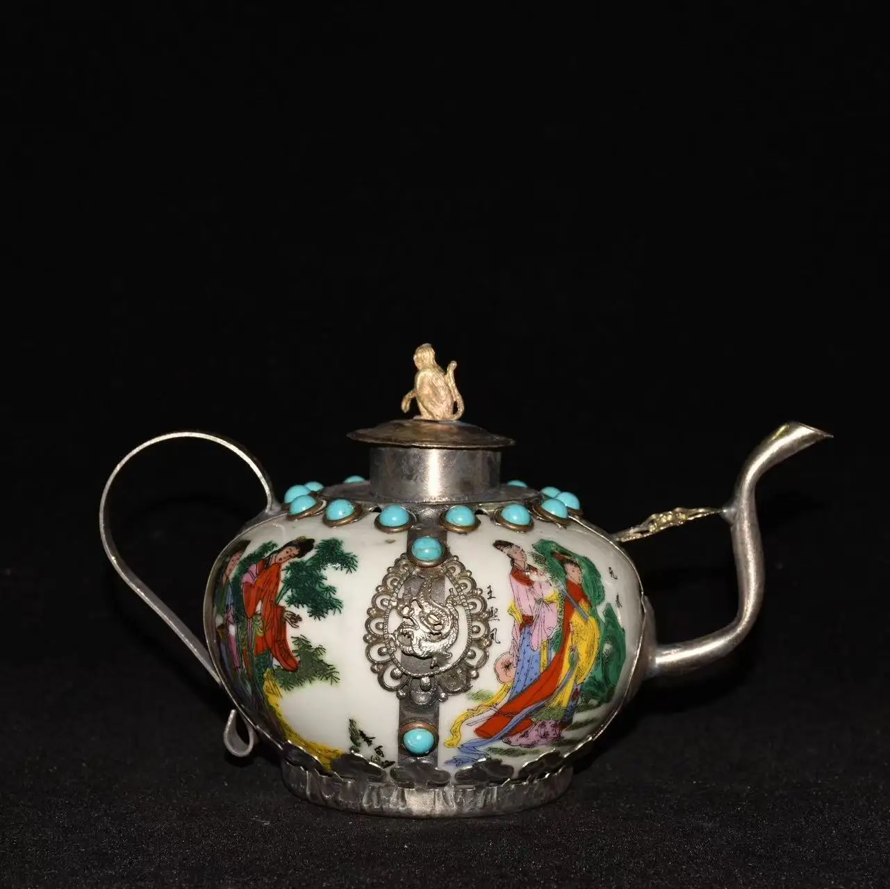 

Very rare Qing Dynasty silver&porcelain&gemstone beauty teapot,Free shipping