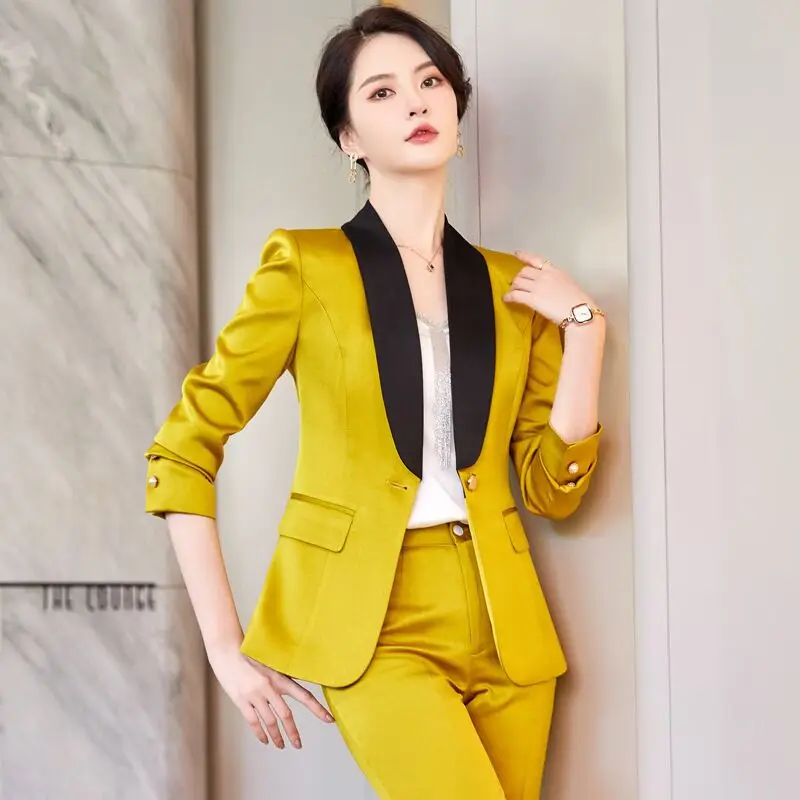 Designer Splicing Women Senior Luxurious Blazer Suit Pants Set Soft Satin Silk Office Lady Graceful Coat Big Size Elegant Jacket